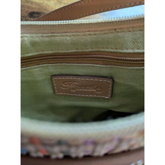 Fossil Woven Jute Shoulder Bag Purse Tan Multicolor Straw Basket Weave Leather - Picture 4 of 12